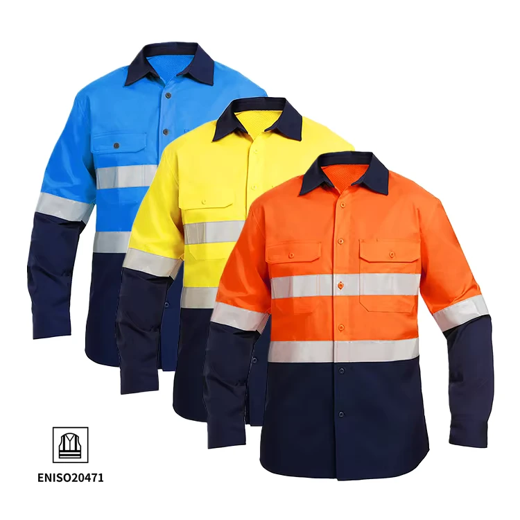 Custom Logo Cotton Traffic Mining Industrial Construction High Visibility Worker Workwear Hi Vis Reflective Safety Work Shirts