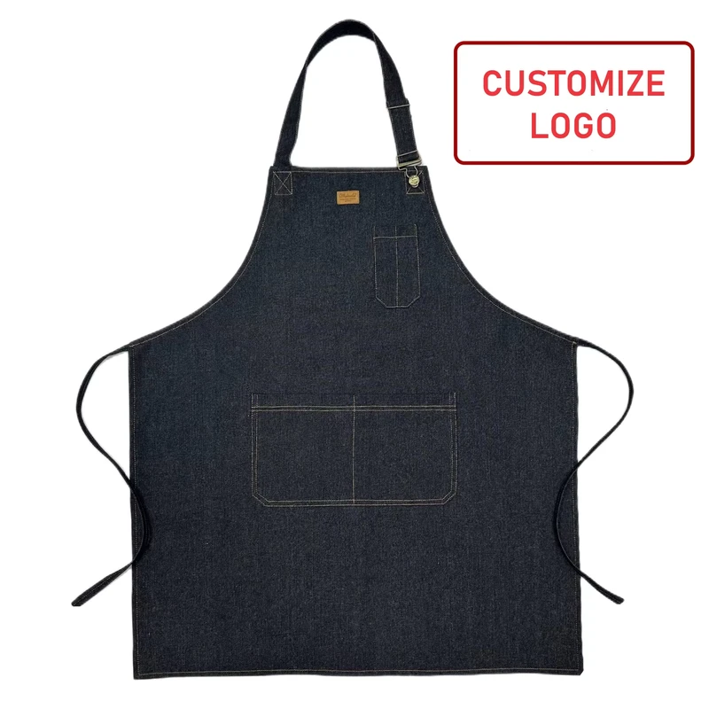 Custom Logo Denim Apron, Cotton Canvas, Sleeveless, for Food Preparation and Cleaning