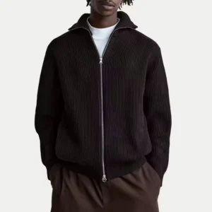 Custom Logo Distressed Rib Hem Jacquard Long Sleeve Zip-Up Cardigan Sweater for Men