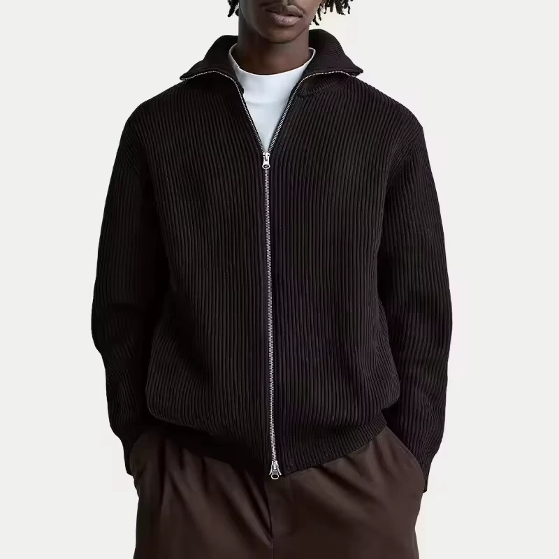 Custom Logo Distressed Rib Hem Jacquard Long Sleeve Zip-Up Cardigan Sweater for Men