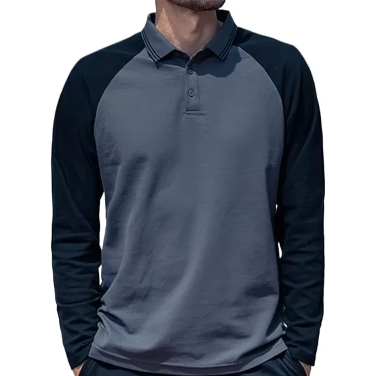 Custom-Logo-Embroidered-Drop-Shoulder-Long-Sleeve-Polo-Shirt-Knitted-Casual-T-Shirt-with-Contrast-Colors-Garment-Dyed-Technique