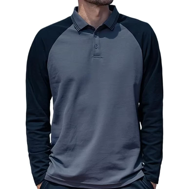 Custom Logo Embroidered Drop Shoulder Long Sleeve Polo Shirt Knitted Casual T Shirt with Contrast Colors Garment Dyed Technique