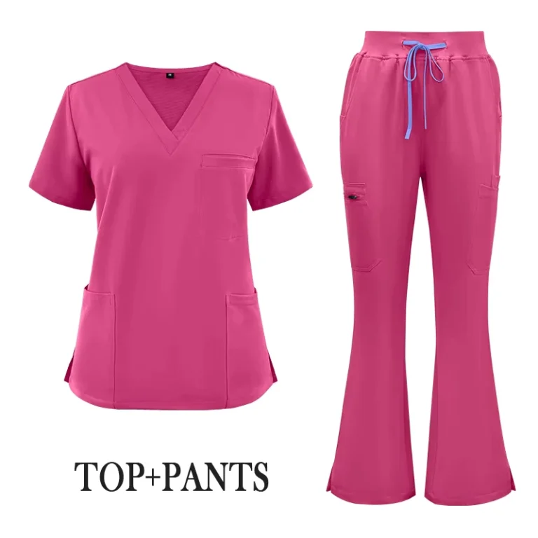 Custom-Logo-Flared-Pant-Scrubs-Pink-Beautician-Hospital-Nurse-Uniform
