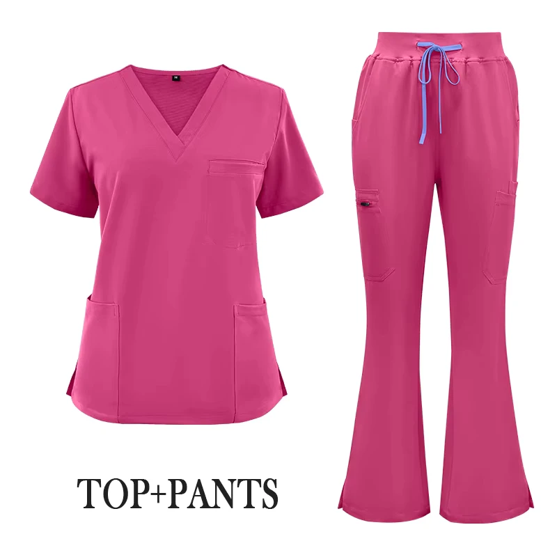 Custom Logo Flared-Pant Scrubs Pink Beautician Hospital Nurse Uniform