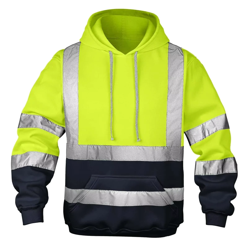 Custom Logo Hi Vis Men's Solid Color Reflective Visibility Bushed Fleece Sweatshirts with Pockets Pullover Hoodies for Men