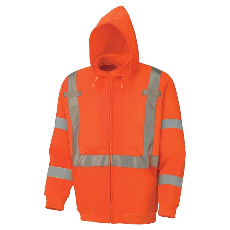 Custom Logo Hi Vis Security Reflective Fleece Jacket Cotton Polyester Blend Hooded Safety Sweatshirt Hoodie Pullover