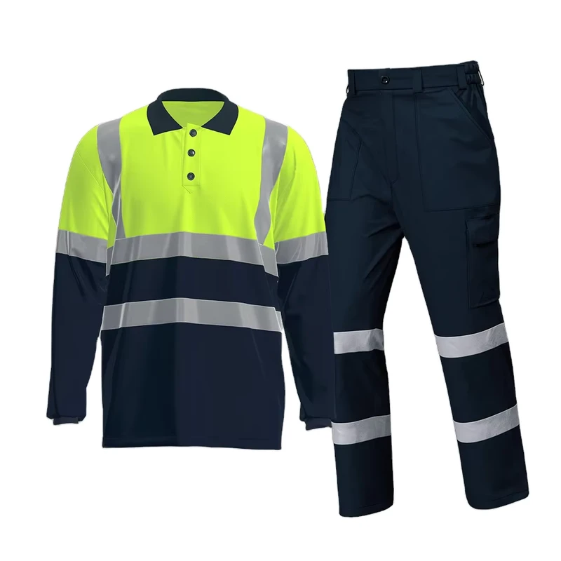 Custom Logo High Visibility Long Sleeve Work Polo Shirts Pants Reflective Quick Breathable Dry Hi Vis Workwear T Shirts Set