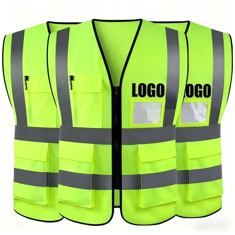 Custom Logo High Visibility Reflective Safety Work Vest for Men Multi Pocket OEM for Construction