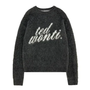 Custom Logo Jacquard Knitted Jumper Drop Shoulder Furry Mohair Wool Pullover Winter Crew Neck Sweater