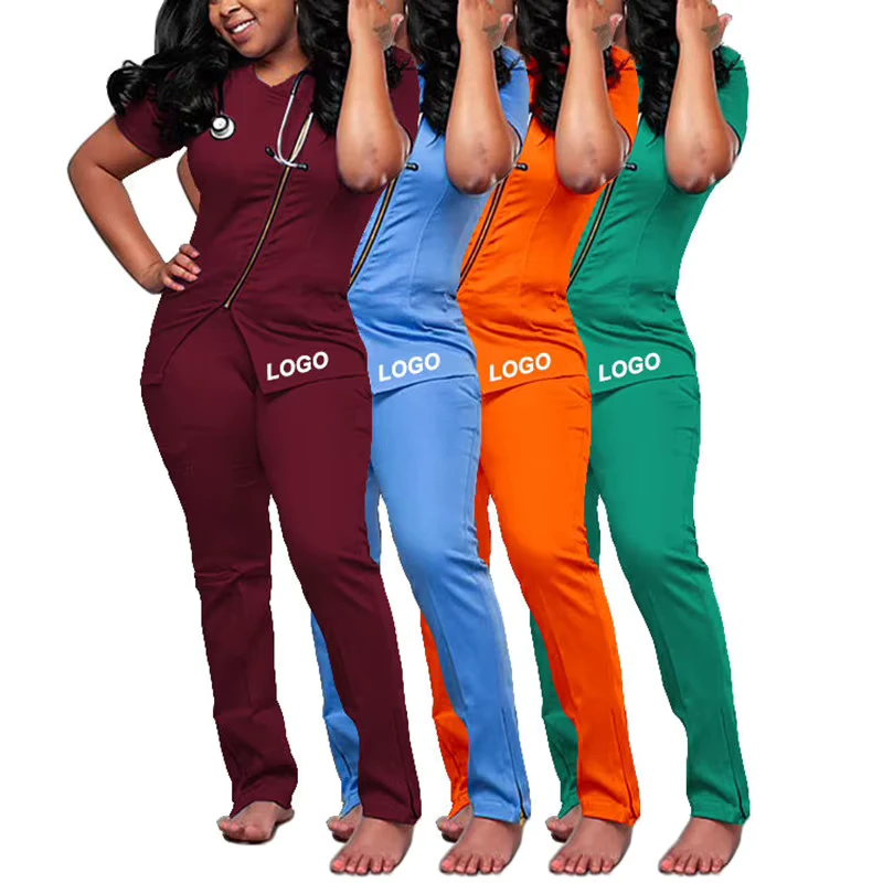 Custom Logo Long Sleeve Nurse Uniform Hospital Medical Scrubs Jogger Sets Woven Fabric Color Gris