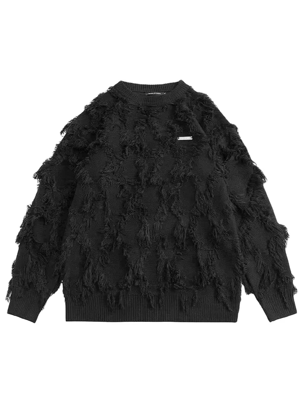 Custom Logo Luxury Winter White Solid Fringe Tassel Distressed Ripped Oversized 100% Cotton Heavyweight Knitted Pullover Sweater