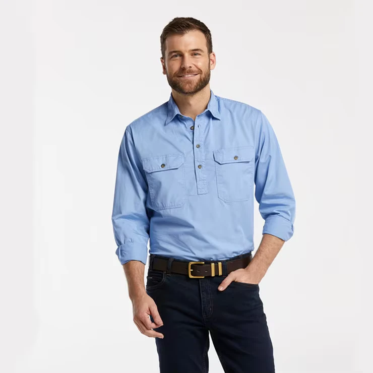 Custom-Logo-Men-Half-Button-Long-Sleeve-High-Quality-100-Cotton-Drill-Washed-Work-Shirt