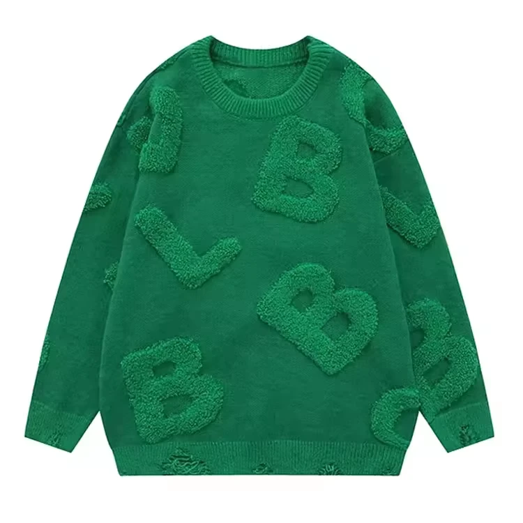 Custom Logo Mens Crew Neck Long Sleeve Pullover Sweater Polyester 3d Letter Embroidery Pattern Men'S Knitted Sweaters