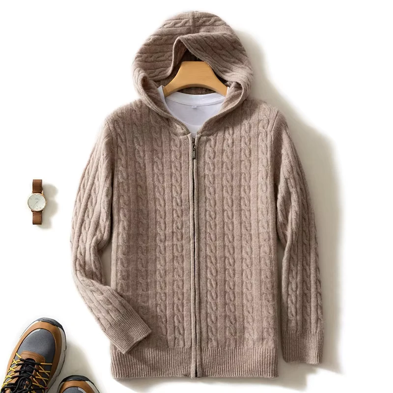 Custom Logo Men's Long Sleeve Zipper Cashmere Knit Hooded Cardigan Sweater