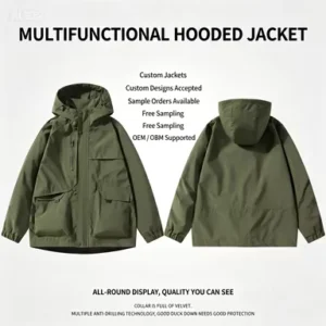 Custom Logo Men’s Loose Fit Multi Cargo Pocket Hooded Wind Resistant Utility Outdoor Jacket