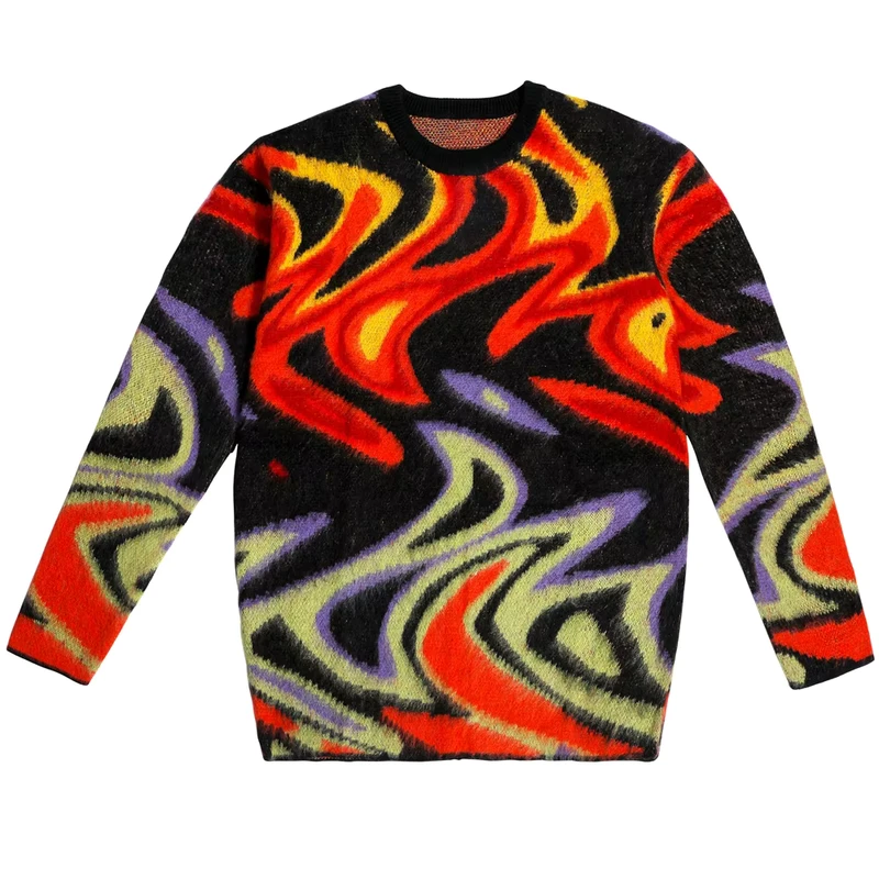 Custom Logo Mohair Sweater Men Jacquard Pattern Knitwear Pullover Knitted Jumper Winter Casual Crew Neck Top