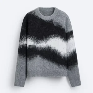 Custom Logo OEM ODM Brushed Jacquard Sweater Brushed Finish Round Neck Long Sleeves Men’s Sweater
