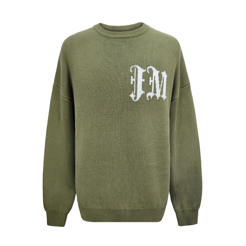Custom Logo OEM ODM Men Sweater Pullover Jacquard Letter Knit Long Sleeve Crew Neck Cotton Knitwear Men Winter Knitted Sweater
