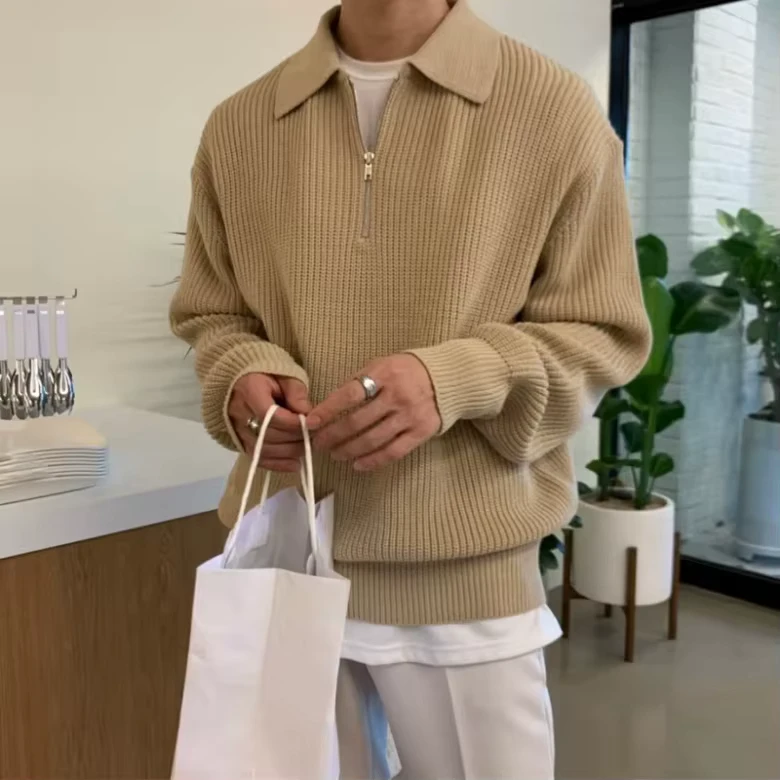 Custom Logo Oem Japanese Retro Polo Collar Knitted Top Jumper Men's Winter Loose Pullover Half 1/4 Semi Zipper Knit Sweater