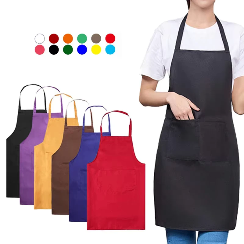 Custom Logo Oilproof Waterproof Polyester Kitchen Apron Hang Neck Chef Cooking Apron With Pockets For Crafting BBQ Drawing