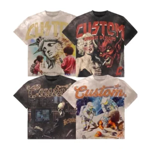 Custom Logo Printed T-Shirt Mens Heavyweight Cotton 300gsm Drop Shoulder Vintage Wash Retro Graphic Print Streetwear Tee