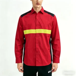 Custom Logo Red Hi Vis Reflective Safety Work Shirt 65 Cotton 35 Polyester Breathable Mesh Side Long Sleeve Industrial Uniform