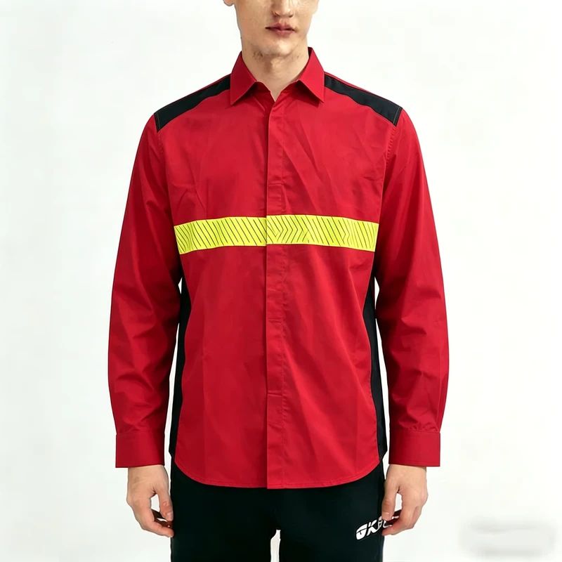 Custom Logo Red Hi Vis Reflective Safety Work Shirt 65 Cotton 35 Polyester Breathable Mesh Side Long Sleeve Industrial Uniform