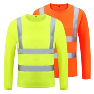 Custom Logo Round Neck High Visibility Safety T shirt Reflective Fluorescent Yellow Orange Long Sleeve Hi Vis Work Polo Shirts