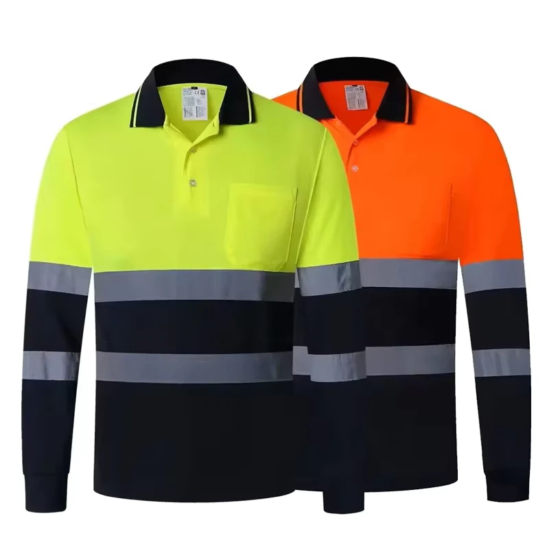 Custom Logo Safety Workwear Reflective Hi Vis Polo Shirt with Pocket Long Sleeve Work Shirt for Men