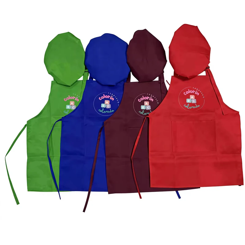 Custom Logo Sleeveless Polyester School Uniform Bib Apron and Chef Hat for Kids Washable Reusable for Painting