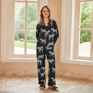 Custom Logo Wedding Silk-Blend Loungewear Pajama Set for Women with Long Sleeves and Long Pants, Knitted Fabric, Manufactured