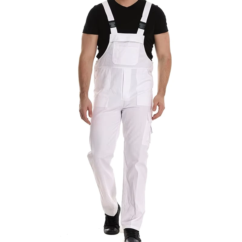 Custom Logo White Bib Overalls Multi Pocket Industrial Clean Work Jumpsuit for Cleaning & Catering