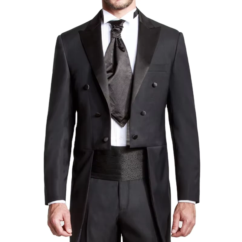 Custom Made Black Groom Tailcoat Pant Suit Peaked Lapel Long Tail Men Wedding Suits Bridegroom Groomsmen Wedding Tuxedos