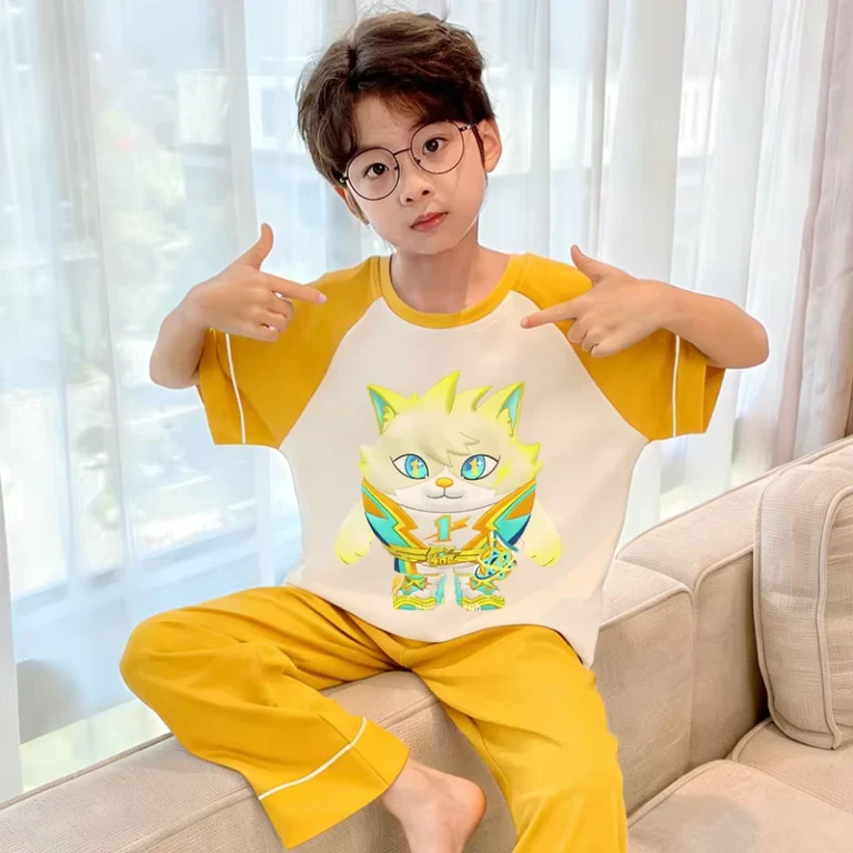 Custom-Made-Cartoon-Boys-Pajama-Suit-100-Organic-Cotton-Summer-Short-Sleeved-Top-Long-Pants