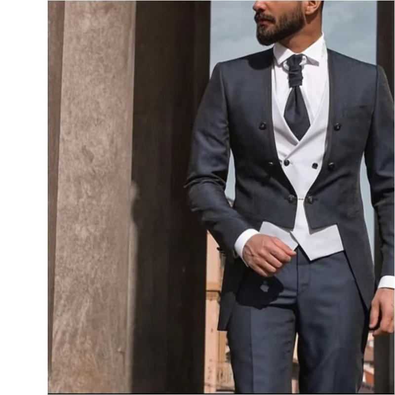 Custom Made Grey Men Suits Slim Fit 3 Pieces Tuxedo Groom Men Wedding Suits Party Blazers (Jacket+Pant+Vest)