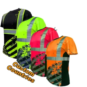 Custom Men ANSI Class 2 Hi Vis Reflective Short Sleeve T Shirt High Vis Safety Work Shirt With Custom US Flag Logo Graphic