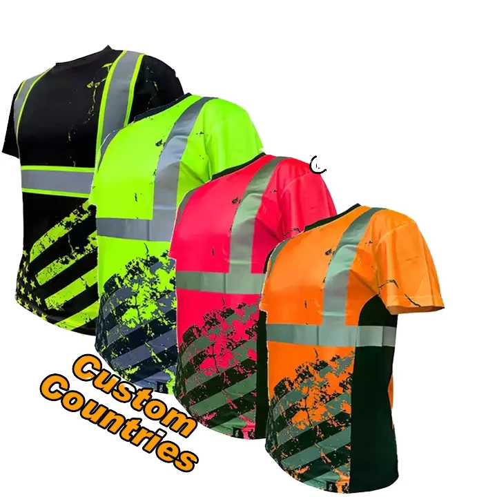Custom Men ANSI Class 2 Hi Vis Reflective Short Sleeve T Shirt High Vis Safety Work Shirt With Custom US Flag Logo Graphic