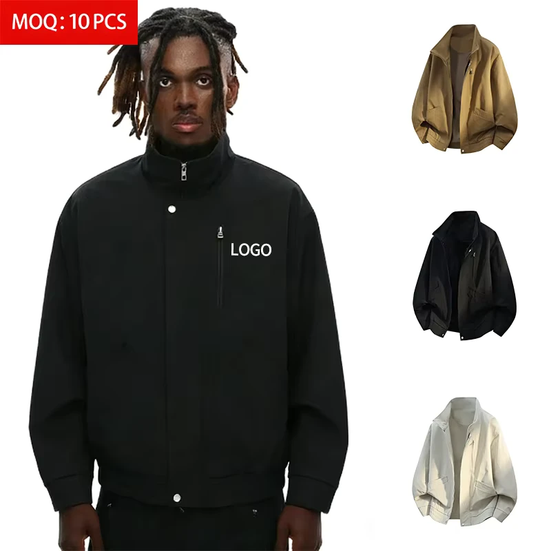Custom Men's 100% Polyester Washed Woven Stand Collar Workwear Pilot Jacket Windproof Zipper