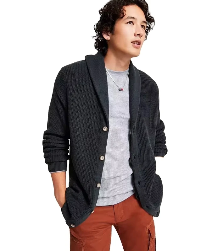 Custom-Mens-Black-Ribbed-Cotton-Cardigan-with-Jersey-Turndown-Collar-for-Winter-Pullover-Knitwear-Sweater