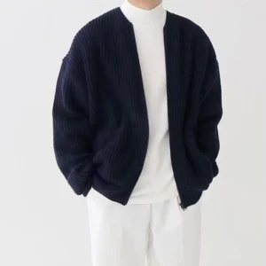 Custom Men’s Cardigan Sweater Coat Zipper Collar Loose Mens Knitted Sweater Oversized Ribbed Zip up Sweater for Men