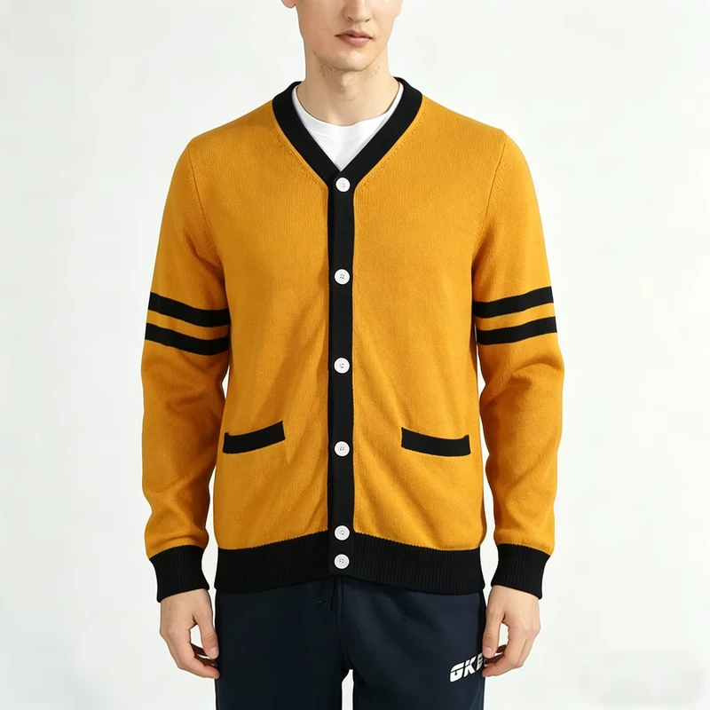 Custom Men's Cotton Striped Knit Cardigan School Uniform Sweater