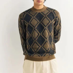 Custom Men’s Formal Sweater Jacquard Knit Retro Argyle Pattern Regular Fit Round Neck Winter Pullover Nylon Acrylic OEM Logo