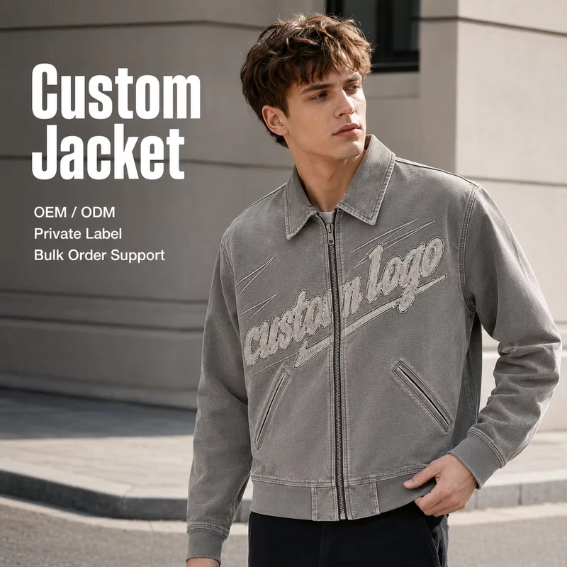 Custom Mens Jacket Vintage Washed Embroidery Heavyweight Streetwear Acid Wash Cotton Canvas Casual Workwear Bomber Zip Up Jacket