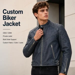 Custom Men’s Jacket Vintage Washed Quilted Biker Heavyweight Streetwear Slim Fit Moto Style Faux Leather Casual Zip Up Jacket