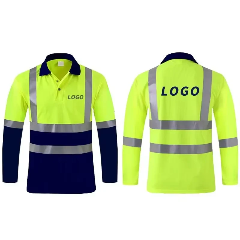 Custom Mens Long Sleeve Polyester Traffic Road Reflective Workwear t Shirt Mining Construction Work Hi Vis Safety Polo Shirts