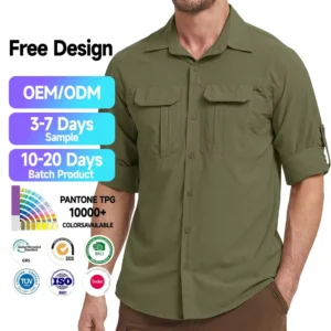 Custom Men’s Spandex Nylon Fishing and Hiking Shirt, Long Sleeve, Breathable, Quick Dry, Back Vent, Pen Hole