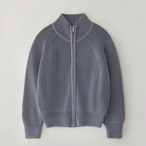 Custom Men’s Stand-Collar Long-Sleeve Ribbed Wool Blend Two-Way Zip Cardigan Sweater