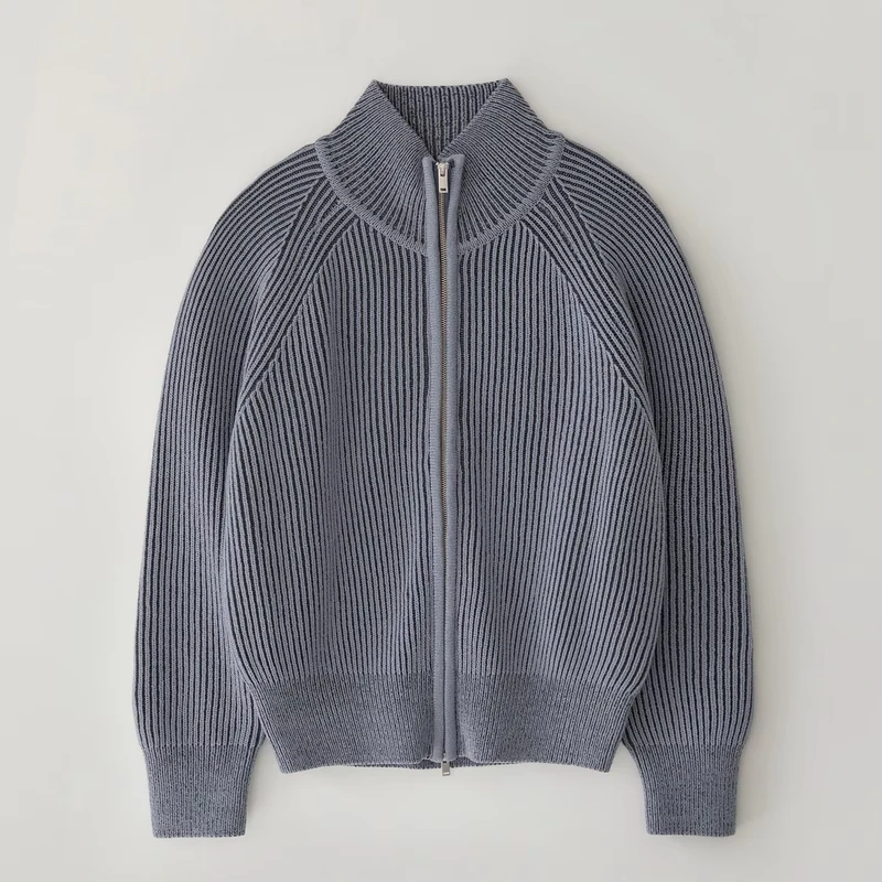 Custom Men's Stand-Collar Long-Sleeve Ribbed Wool Blend Two-Way Zip Cardigan Sweater