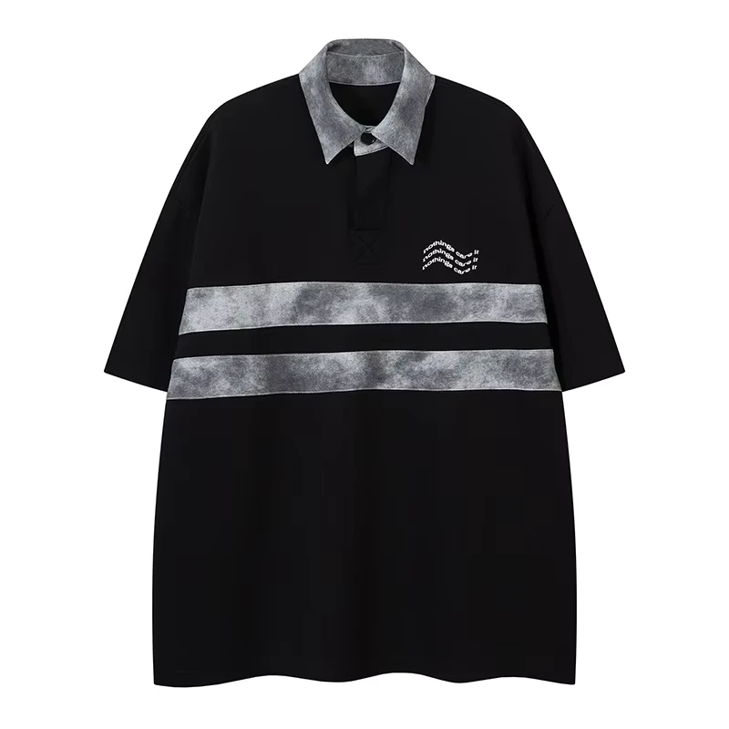 Custom Men's Summer Polo Shirt Top Single Button Embroidery Short Sleeved Striped Design American Street
