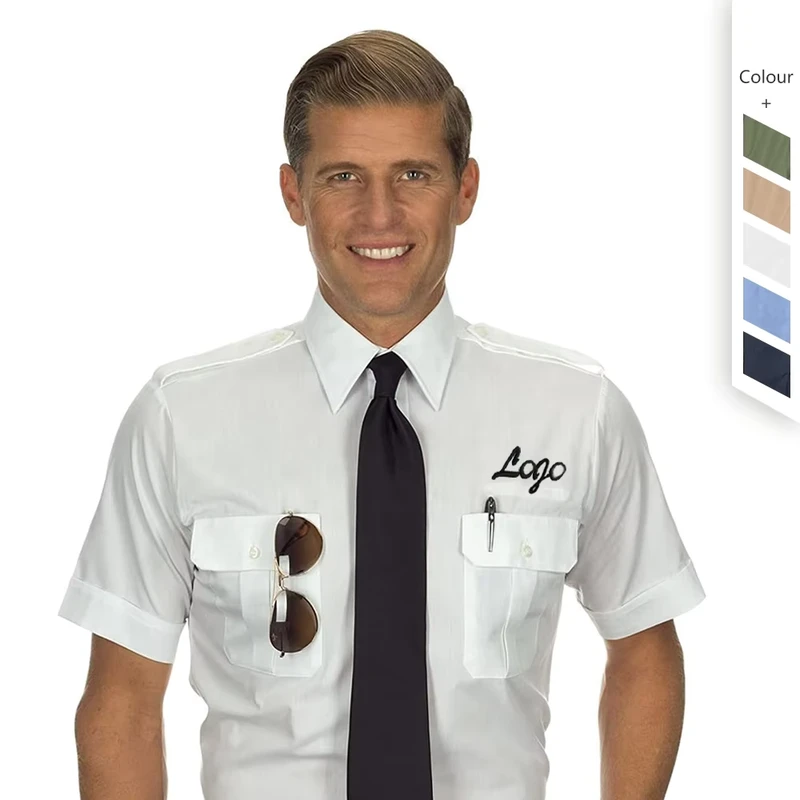 Custom Men's White Shirts Pencil Pocket Epaulets Pilot Aviation Uniform Short Security Shirt Manufacture Airline Bus Man Shirt
